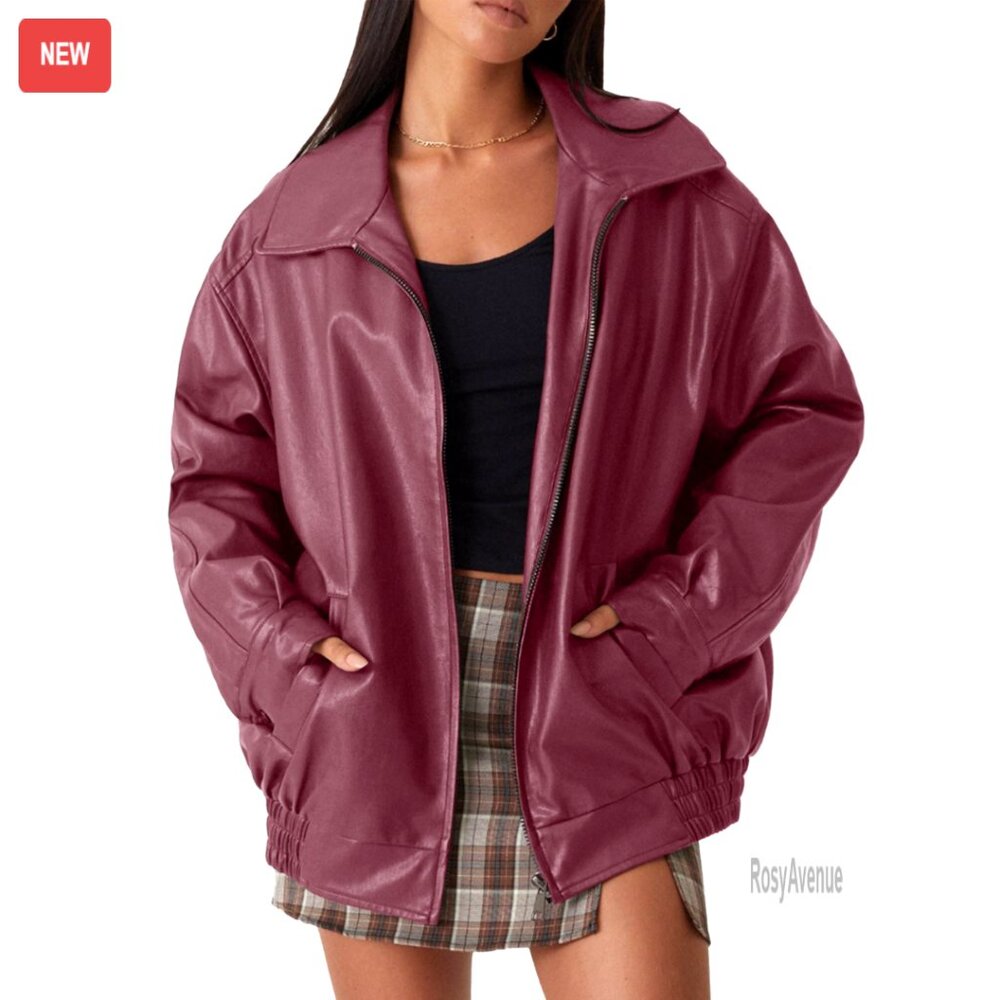 Oversized Faux Leather Motorcycle Jacket with Zip Closure and Pockets